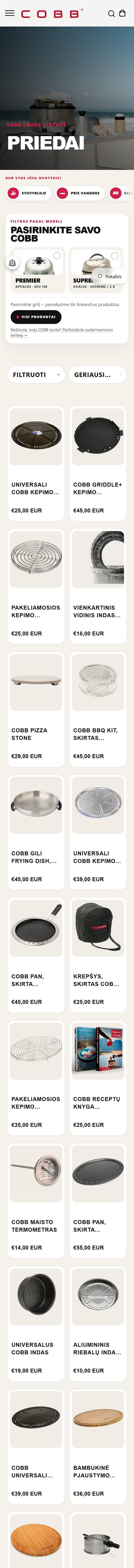 Naujas COBB priedų puslapis su filtru pagal modelį telefone
